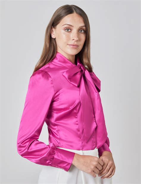 Plain Satin Women S Fitted Blouse With Single Cuff And Pussy Bow In Bright Pink Hawes Curtis