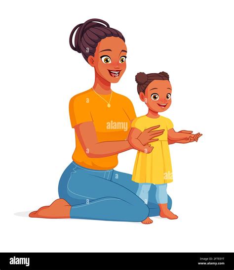 Mother Helping Her Child To Take First Steps Cartoon Vector