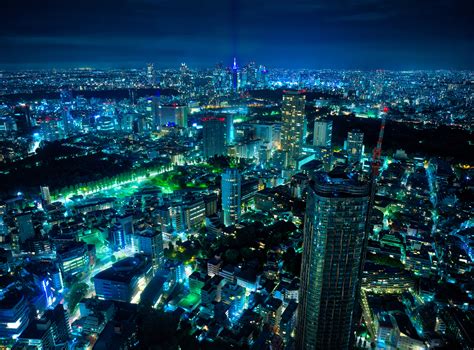 Aerial View Of Metropolis Skyscrapers During Night Hd Wallpaper