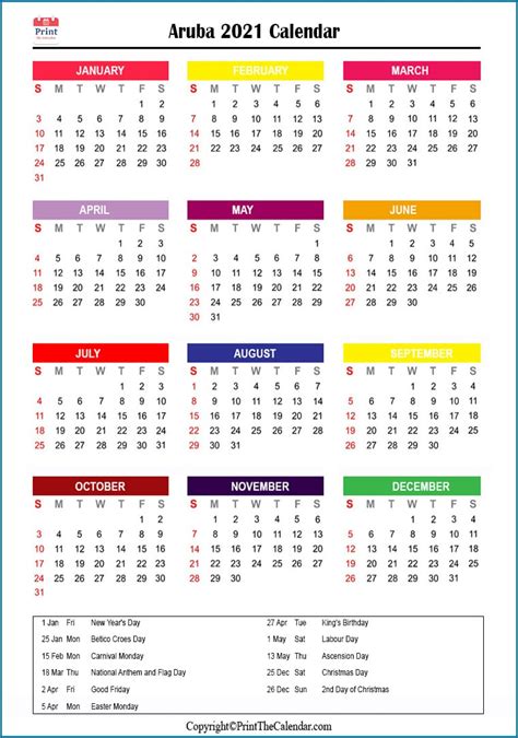 Aruba Holidays 2021 2021 Calendar With Aruba Holidays