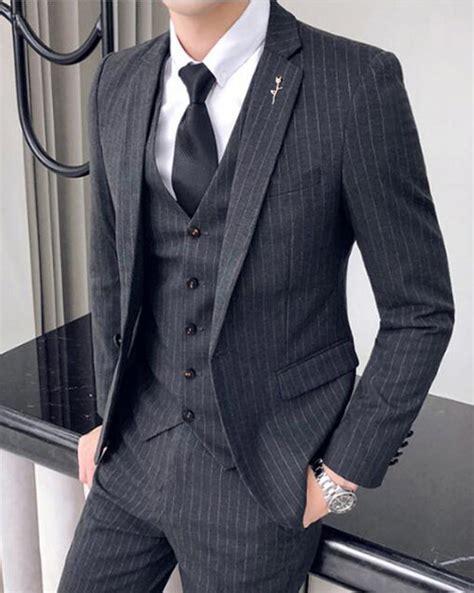 Slim Fit 3 Pieces Dark Grey Pinstripe Suits Wedding Suits Gray Mens Classbydress