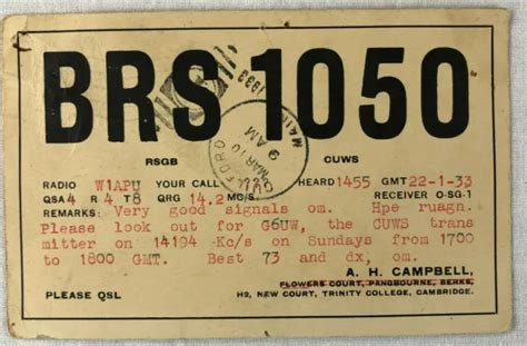 Vintage 1933 Qsl Radio Card Trinity College Cambridge Usa Signal Ham Receiver 1025 Picclick