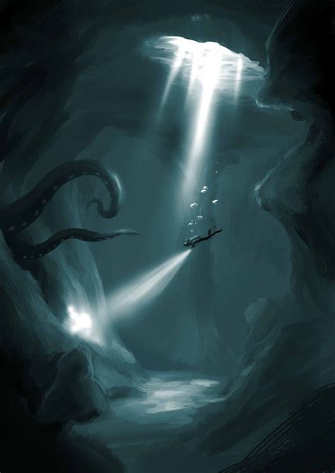 Diver Light Rays Mysterious Octopus Underwater Cave Art Underwater