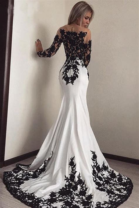 Elegant White Black Lace Appliques Mermaid Long Sleeves Satin Prom