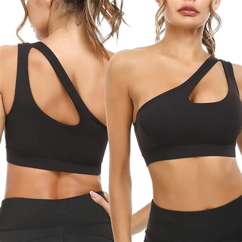 Sykooria Womens One Shoulder Sports Bras Workout Yoga Bras Sexy Cute Medium Support Crop Tops At