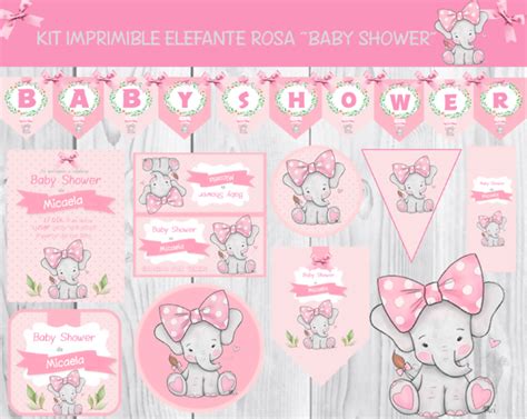 Kit Imprimible Y Editable Baby Shower Elefantita Rosa