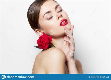 Beautiful Woman Naked Shoulders Closed Eyes Rose Flower Luxury Stock Photo Image Of Beautiful