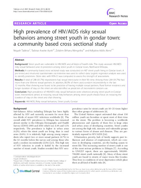 pdf high prevalence of hiv aids risky sexual behaviors among street youth in gondar town a