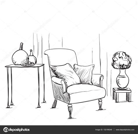 Hand Drawn Room Interior Chair And Lamp Stock Vector Image By