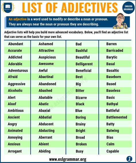 List Of Adjectives Useful Adjectives Examples From A To Z With Exercises Esl Grammar