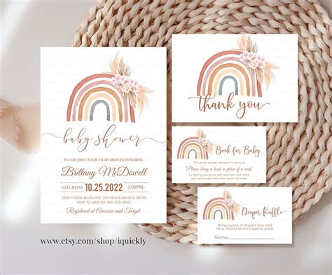 Editable Boho Rainbow Baby Shower Invitation Bundle Pink Etsy