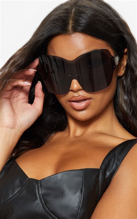 Black Oversize Frameless Visor Style Sunglasses Prettylittlething Aus