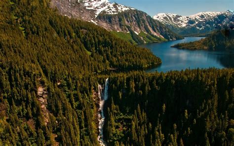 Nature Landscape Forest Mountains Lake Waterfall Snowy Peak