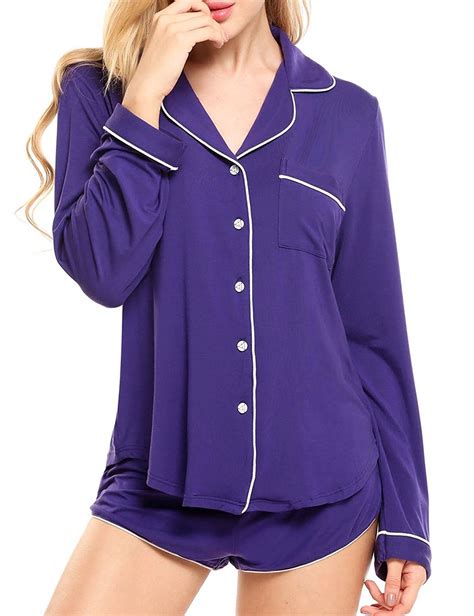 Sleepwear Womens Cotton Long Sleeve Pajama Top With Short Bottoms Purple C218344grmz