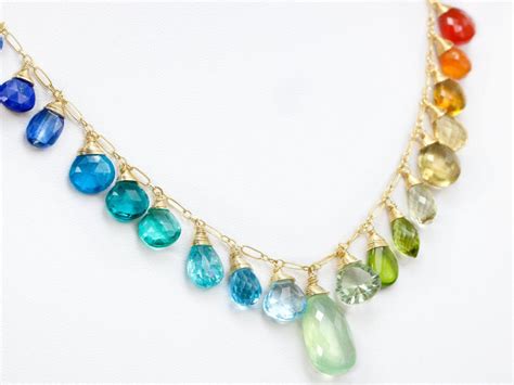 Rainbow Multi Gemstone Necklace In Gold Filled Precious Drop Necklace