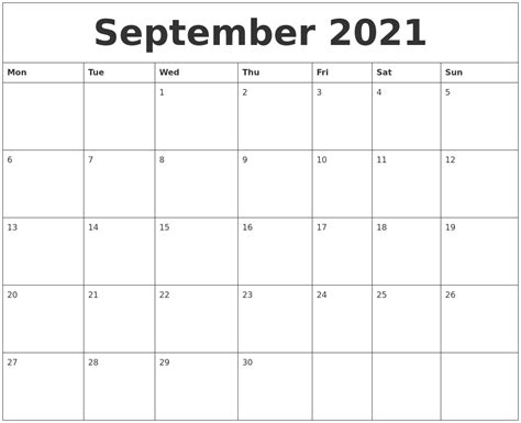 September 2021 Calendar For Printing