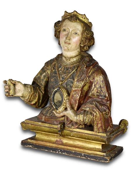 Proantic Polychromed Wooden Reliquary Bust Of A Female Saint Spanish