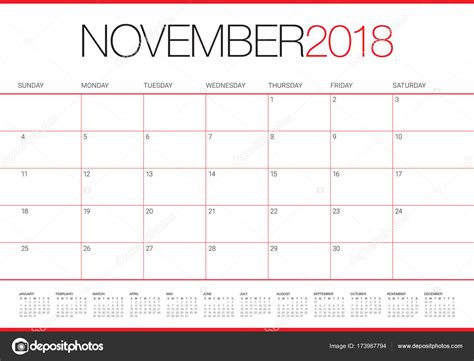 November 2018 Planer Kalender Vektor Illustration — Stockvektor