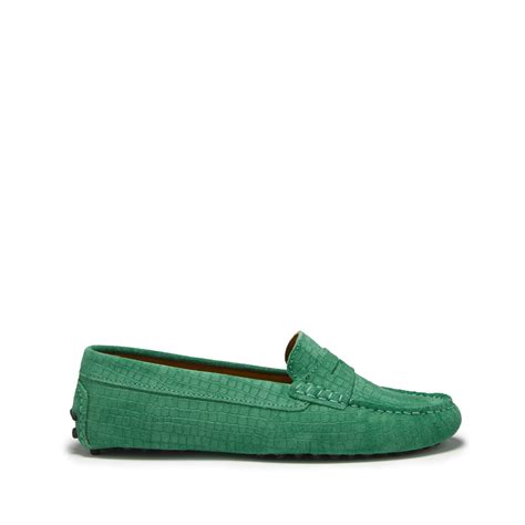 Womens Penny Driving Loafers Emerald Embossed Suede Hugs And Co