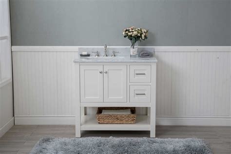 These open shelf vanities can use standard or vessel sinks. Cabinet Mania White Shaker 36" Bathroom Vanity Open Shelf ...