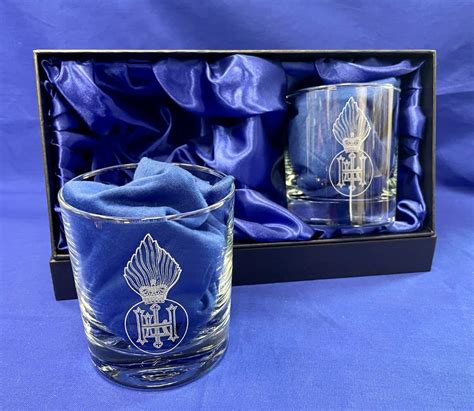 The Royal Highland Fusiliers Presentation Whisky Glasses Featuring Engraved Cap Badges Of The Rhf