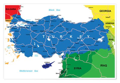 Der staatsgründer mustafa kemal atatürk leitete eine. Türkei - Politische Karte Poster online bestellen ...