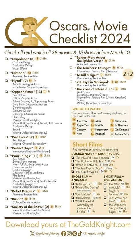 Oscars Download Our Printable Movie Checklist The Gold Knight Latest Academy Awards