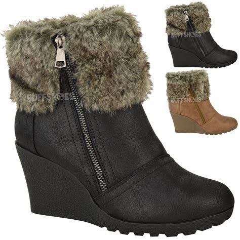 Womens Ladies Winter Fur Wedge Platform Ankle Boots Zip Fluffy Lined Shoes Size Ebay