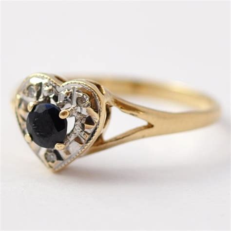 Sapphire Heart Ring Vintage Diamonds And 9k Gold Size 65675 Etsy