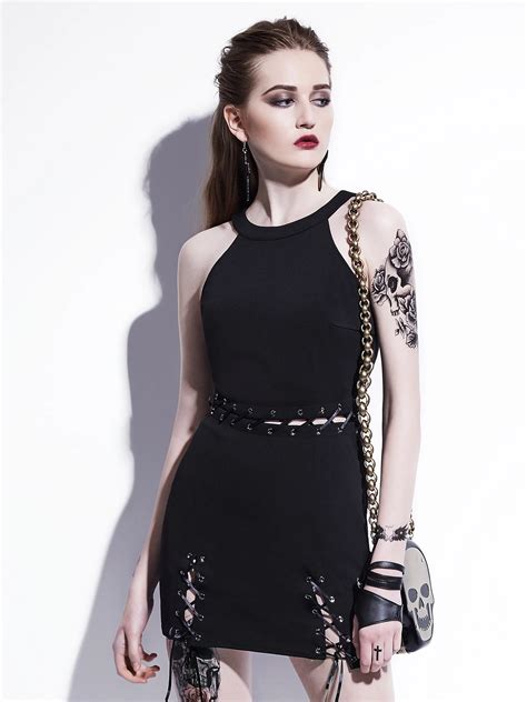 Gothic Women Straps Dress Black Patchwork Casual Lace Up Mini Street