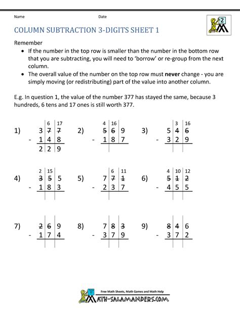 Subtracting 2 And 3-digit Numbers Worksheets