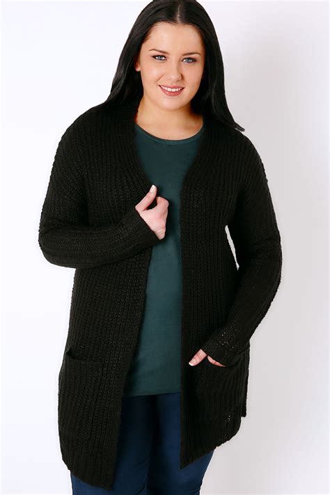 Black Longline Chunky Knit Cardigan With Pockets Plus Size 16 To 32