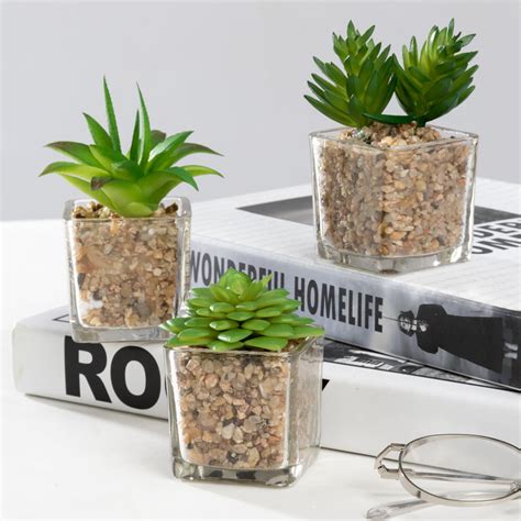 Mini Artificial Succulent Green Home Décor Plants Potted In Modern Cube
