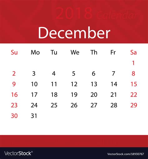 December 2018 Calendar Popular Red Premium Vector Image