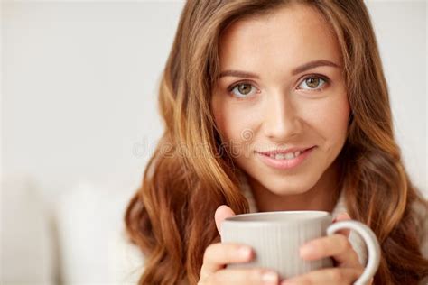 Close Up Of Happy Woman With Coffee Cup At Home Stock Image Image Of