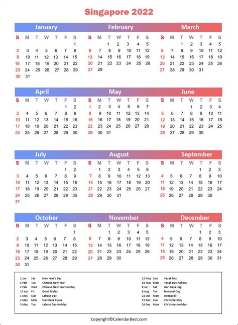 Singapore Holiday 2022 Best Printable Calendar