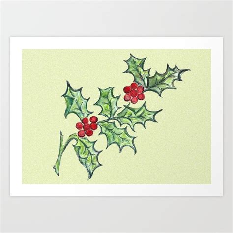 Holly Sprig Lite Green Watercolor Painting Holly Berries Holiday
