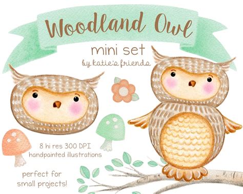 Woodland Owl Clipart Watercolor Owls Cute Owl Clipart Woodland