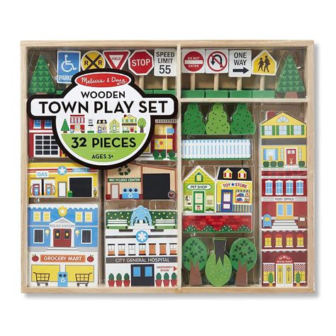 Buy Melissa And Doug Wooden Town Play Set With Storage Tray 32 Pcs