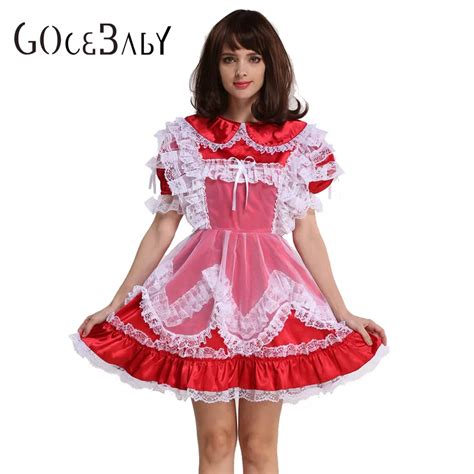 sissy girl red satin lockable dress forced fem crossdressing cosplay costume