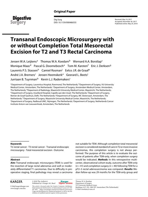 PDF Transanal Endoscopic Microsurgery With Or Without Completion