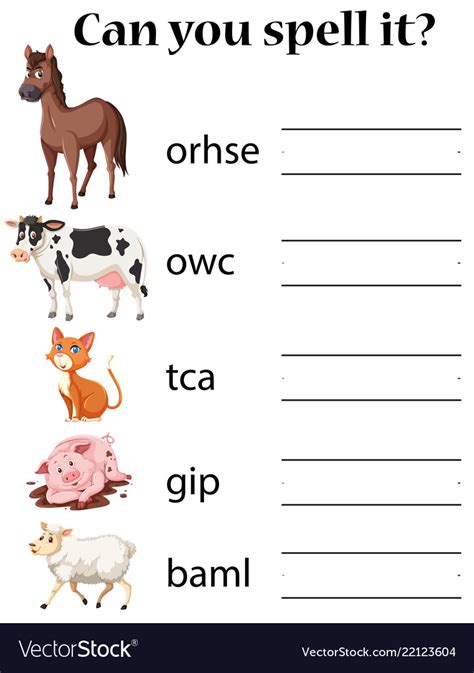 English Animals Spell Worksheet Royalty Free Vector Image