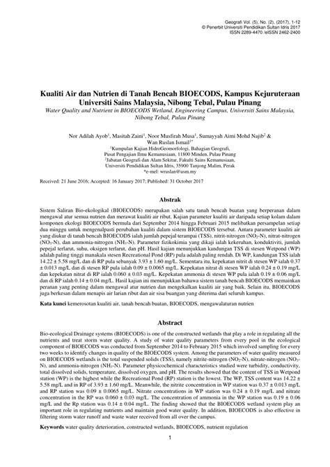 The kejuruteraan department at universiti sains malaysia on academia.edu. (PDF) Kualiti Air dan Nutrien di Tanah Bencah BIOECODS ...