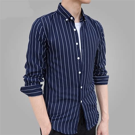 Mens Contrast Vertical Striped Dress Shirts High Quality Comfortable Cotton Long Sleeve Slim