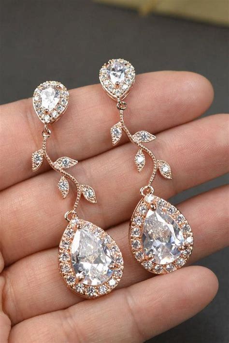 Rose Gold Crystal Bridal Earrings Wedding Jewelry Set Wedding Bridal