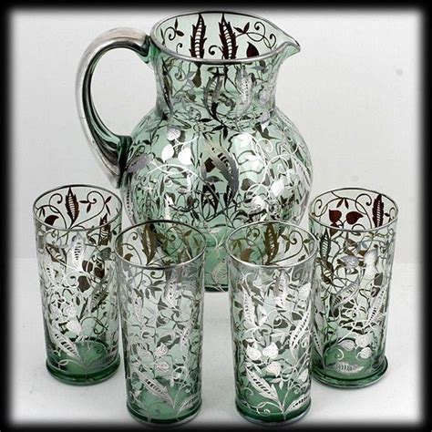Bohemian Green Glass Pitcher Tumbler Set Vintage Silver Overlay 1930s Art Glass Glass Art