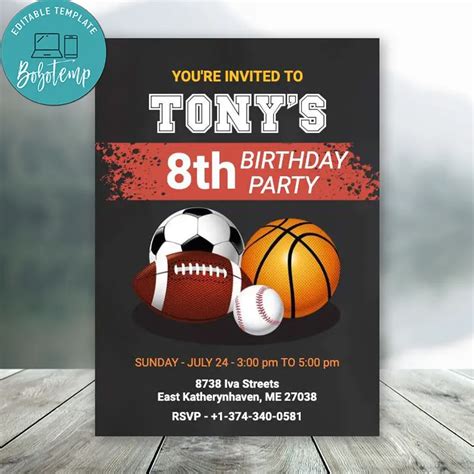 Editable Sports Birthday Invitation Digital File Bobotemp Sports Birthday Invitations