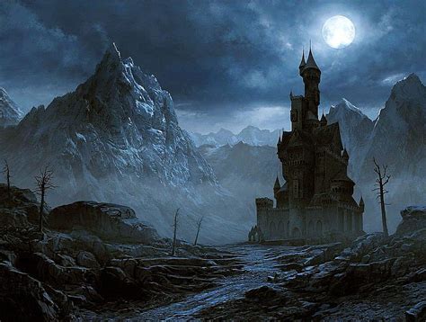 Mystic Castle Moon Mountains Night Art Building Sky Hd Wallpaper