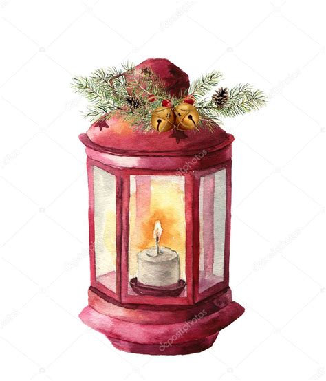 Watercolor Traditional Lantern With Candle And Floral Decor Hand