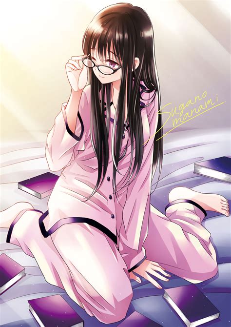 Wallpaper Illustration Long Hair Anime Girls Brunette Glasses Books Cartoon Black Hair